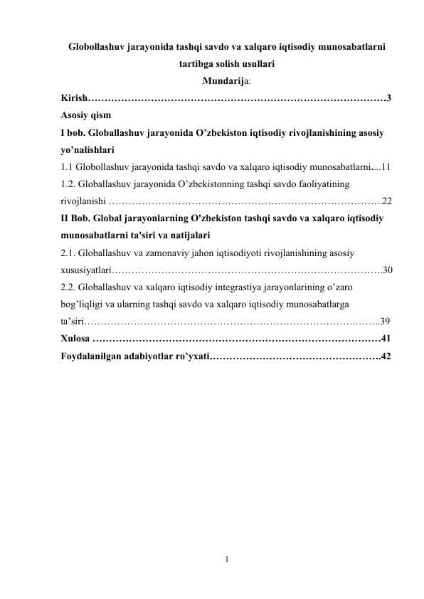 Globollashuv jarayonida tashqi savdo va xalqaro iqtisodiy munosabatlarni tartibga solish usullari
