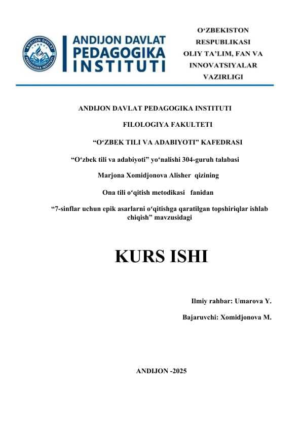 7-sinflar uchun epik asarlarni oʻqitishga qaratilgan topshiriqlar ishlab chiqish  kurs ishi