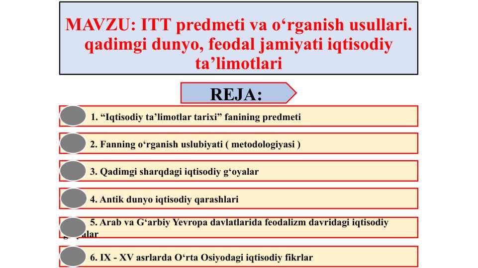 ITT predmeti va o‘rganish usullari. qadimgi dunyo, feodal jamiyati iqtisodiy ta’limotlari