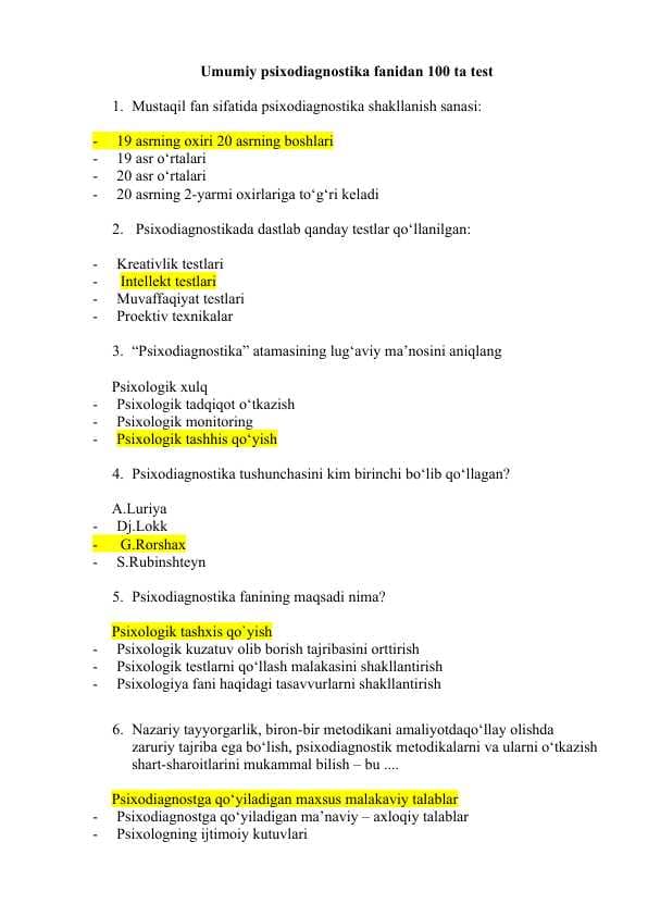 Umumiy psixodiagnostika fanidan 100 ta test
