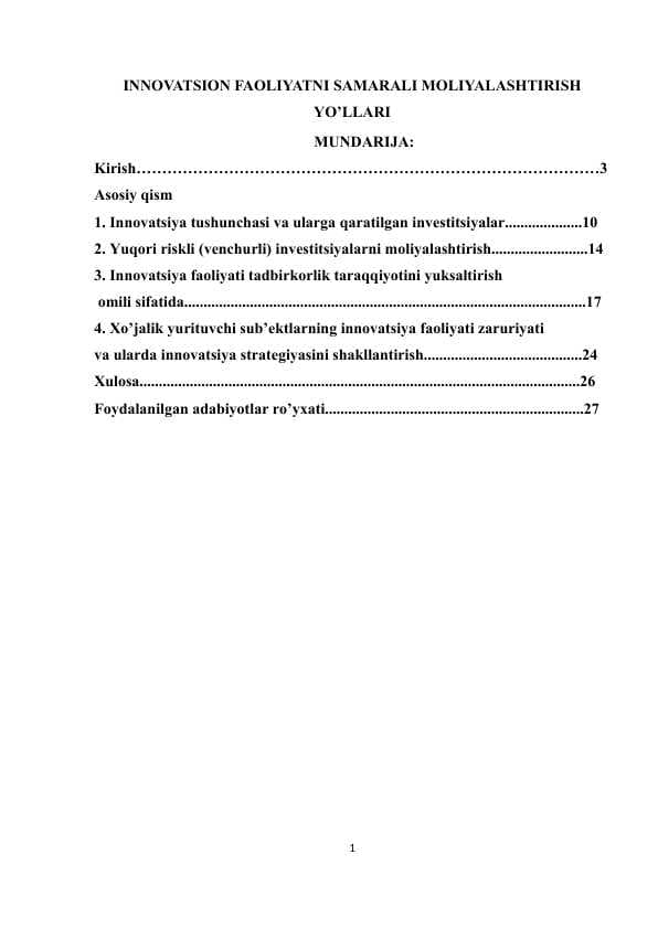INNOVATSION FAOLIYATNI SAMARALI MOLIYALASHTIRISH YO’LLARI