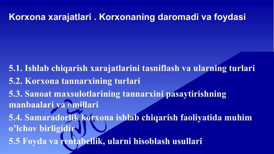 Korxona xarajatlari . Korxonaning daromadi va foydasi