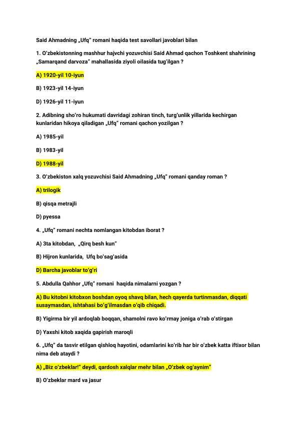 Adabiyot | Said Ahmadning „Ufq" romani asosida  | Test savol-javoblari bilan | N_20 ta
