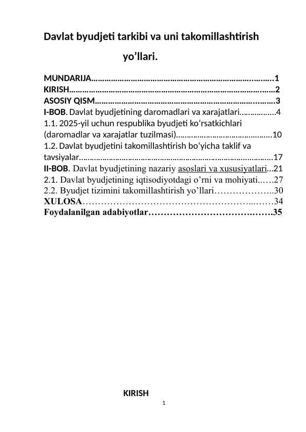 Davlat byudjeti tarkibi va uni takomillashtirish   yo’llari.