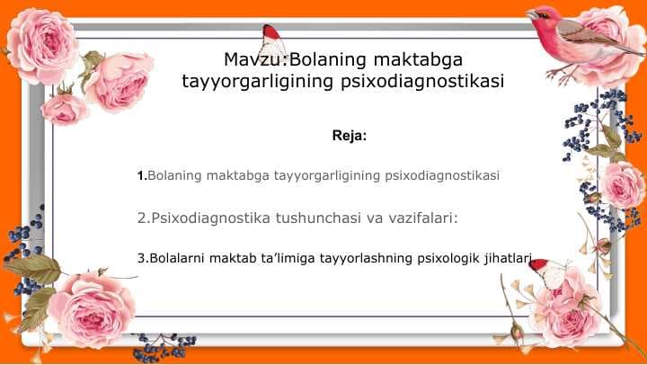 Bolaning maktabga tayyorgarligining psixodiagnostikasi