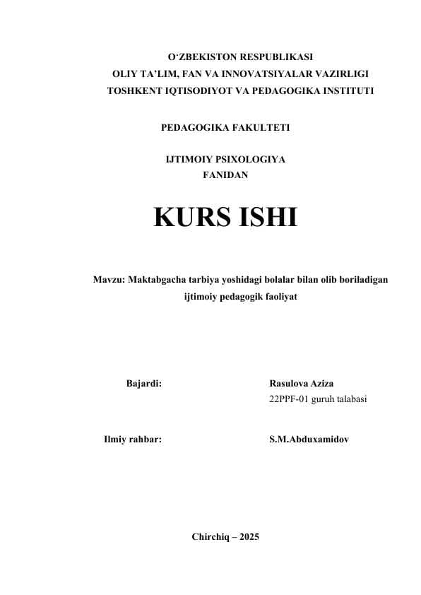 Maktabgacha tarbiya yoshidagi bolalar bilan olib boriladigan ijtimoiy pedagogik faoliyat