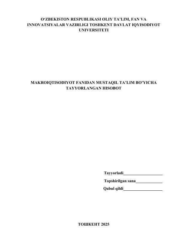 Shvetsariya makroiqtisodiyot fanidan musta'qil ta'lim bo'yicha hisobot