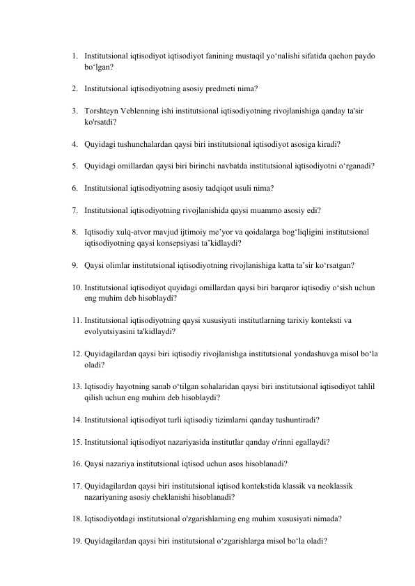 Institutsional iqtisodiyot fanidan yakuniy nazorat savollar