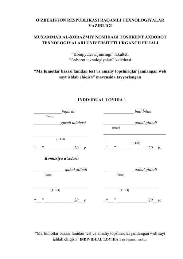 Ma`lumotlar bazasi fanidan test va amaliy topshiriqlar jamlangan web sayt ishlab chiqish