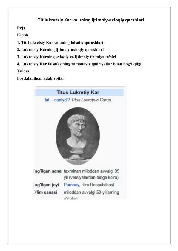 Tit lukretsiy Kar va uning ijtimoiy-axloqiy qarshlari 25