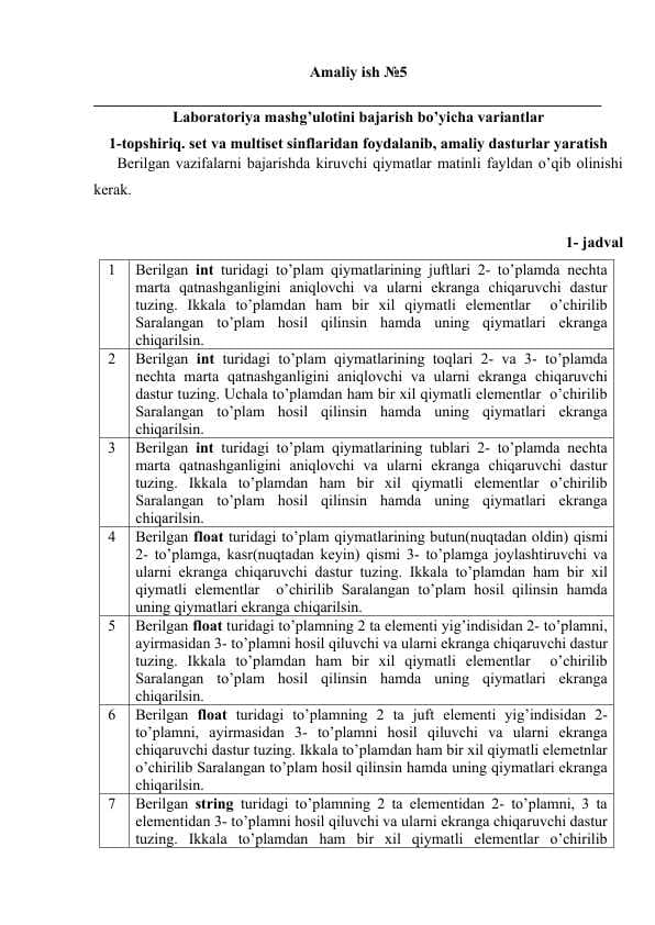 Dasturlash-2 Fanidan Amaliy ish №5