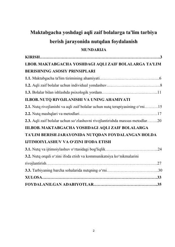 Maktabgacha yoshdagi aqli zaif bolalarga ta'lim tarbiya berish jarayonida nutqdan foydalanish
