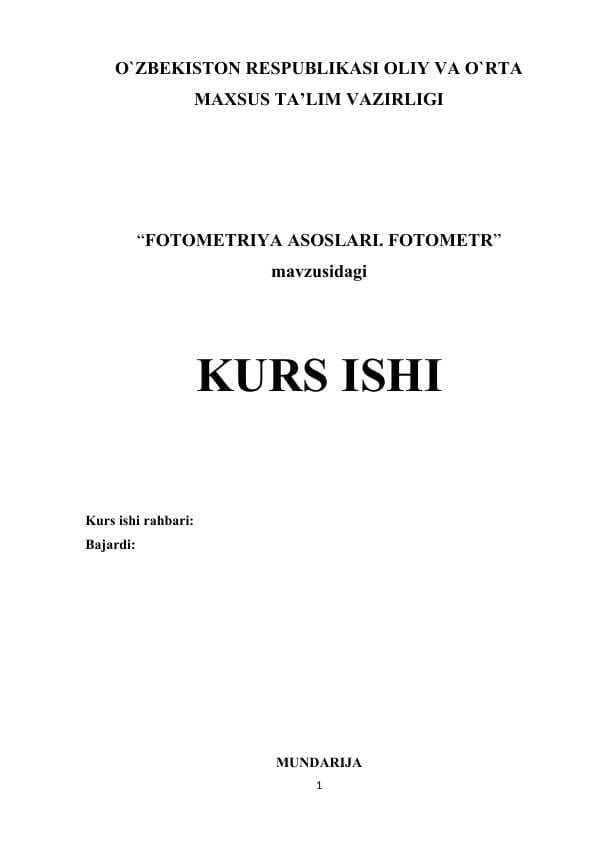 FOTOMETRIYA ASOSLARI . FOTOMETR . Kurs ishi
