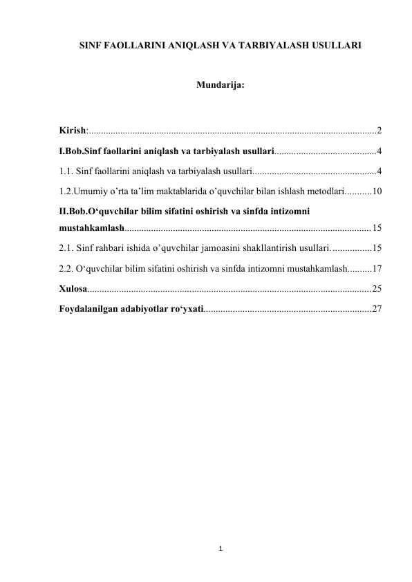 SINF FAOLLARINI ANIQLASH VA TARBIYALASH USULLARI