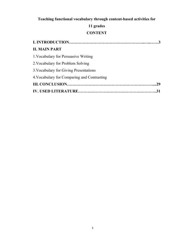 Teaching functional vocabulary through content-based activities for  11 grades