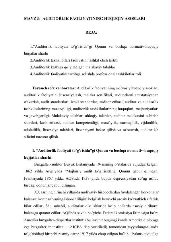 AUDITORLIK FAOLIYATINING HUQUQIY ASOSLARI