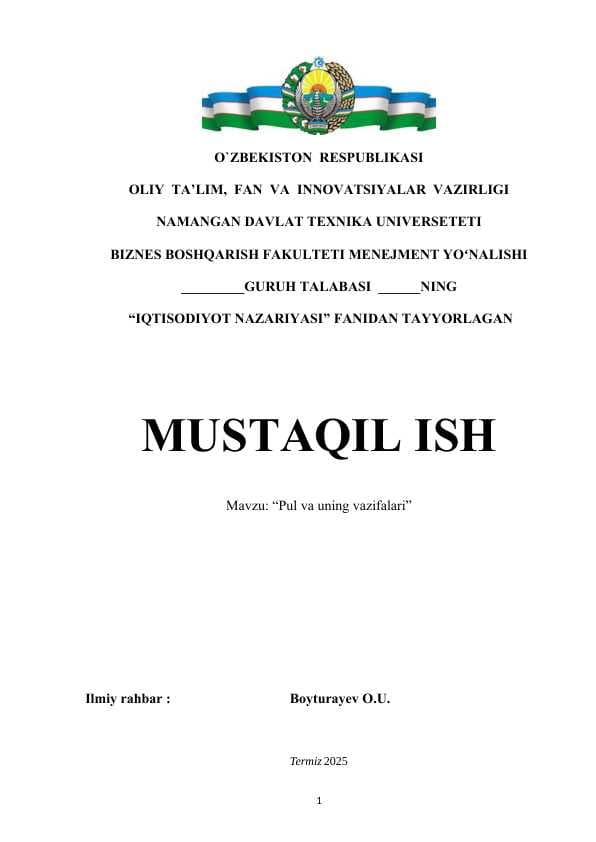 Mavzu: “Pul va uning vazifalari” MUSTAQIL ISH