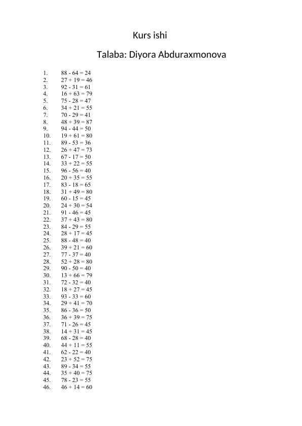 Matematikadan 100 ichidagi qo'shish va ayirish