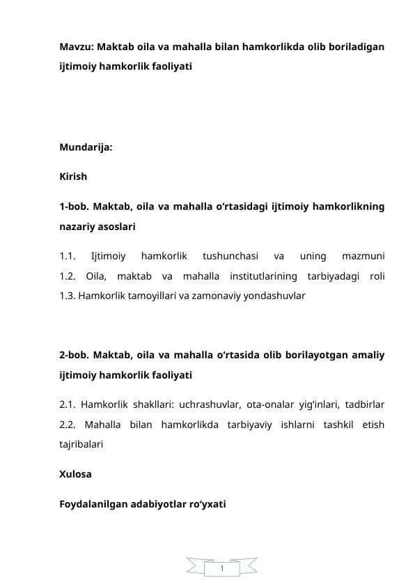 Maktab oila va mahalla bilan hamkorlikda olib boriladigan ijtimoiy hamkorlik faoliyati