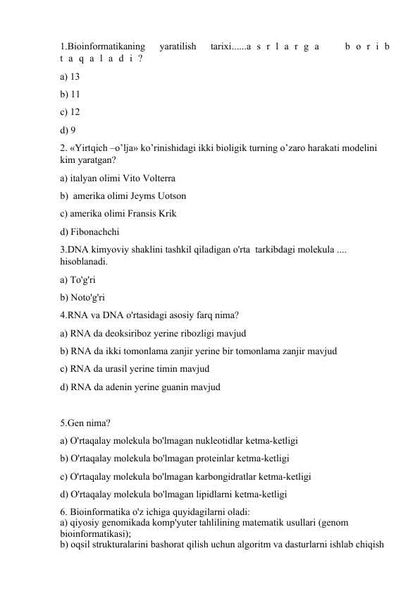 Bioinformatika testlar to'plami