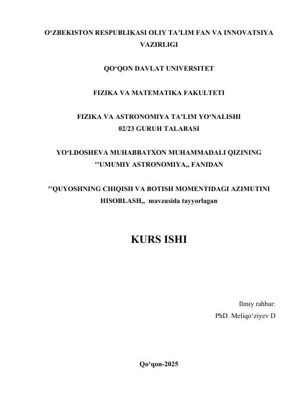 Quyoshning chiqish va botish momentidagi azimutini hisoblash