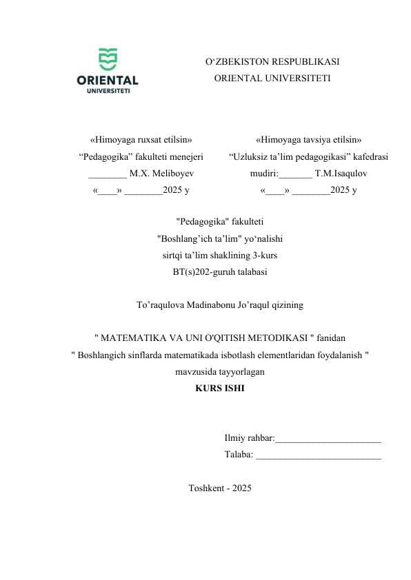Boshlangich sinflarda matematikada isbotlash elementlaridan foydalanish