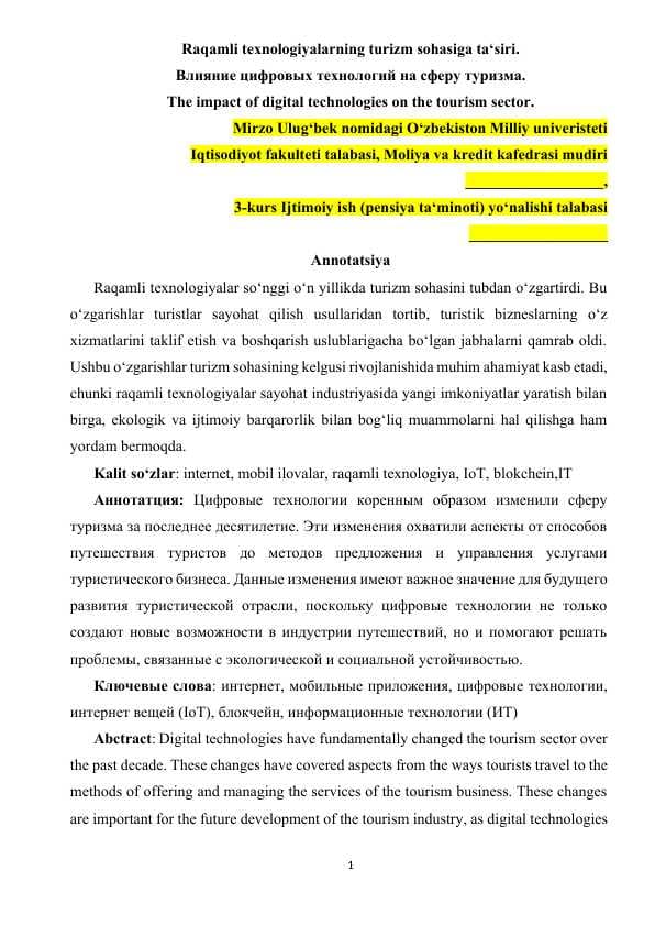 Raqamli texnologiyalarning turizm sohasiga ta’siri