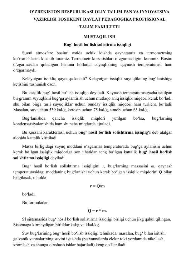 fizika mustaqil talim Bug‘ hosil bo‘lish solistirma issiqligi