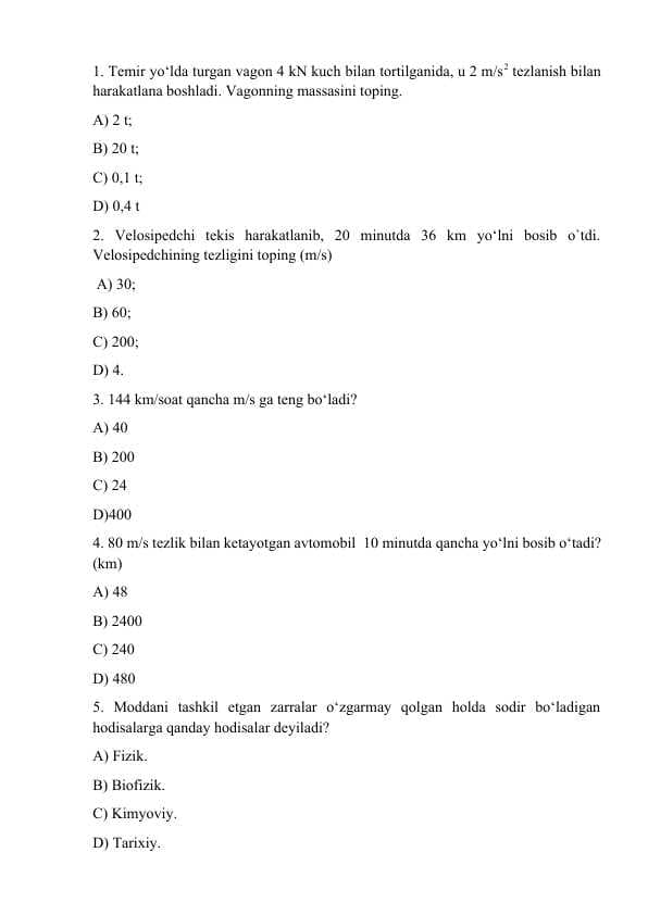 Fizikadan testlar (50 ta)