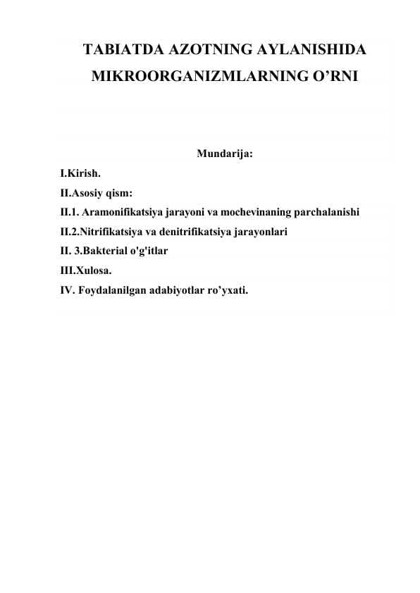 TABIATDA AZOTNING AYLANISHIDA MIKROORGANIZMLARNING O’RNI