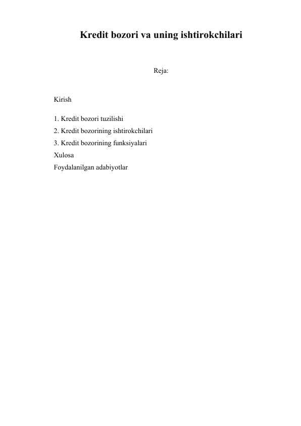 Kredit bozori va uning ishtirokchilari