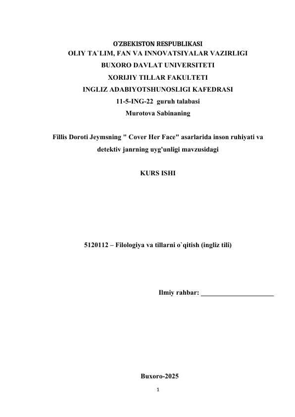 Fillis Doroti Jeymsning " Cover Her Face" asarlarida inson ruhiyati va detektiv janrning uyg'unligi