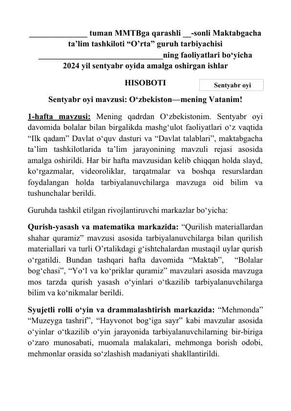Yillik hisobot (o’rta gurux) Maktabgacha ta'lim tashkiloti (bog'cha)