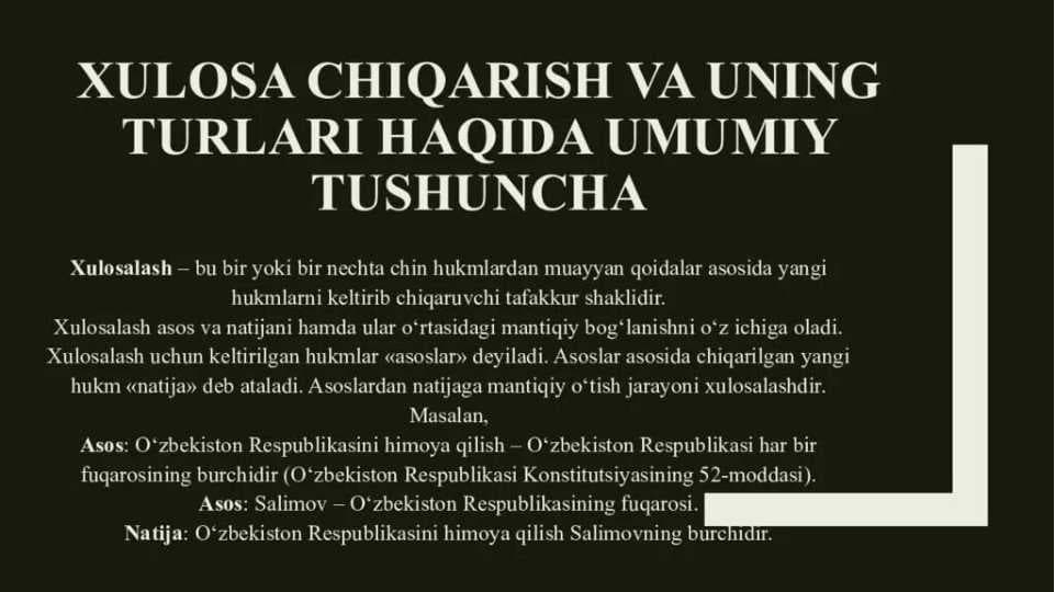 xulosa chiqarish va uning turlari haqida umumiy tushuncha