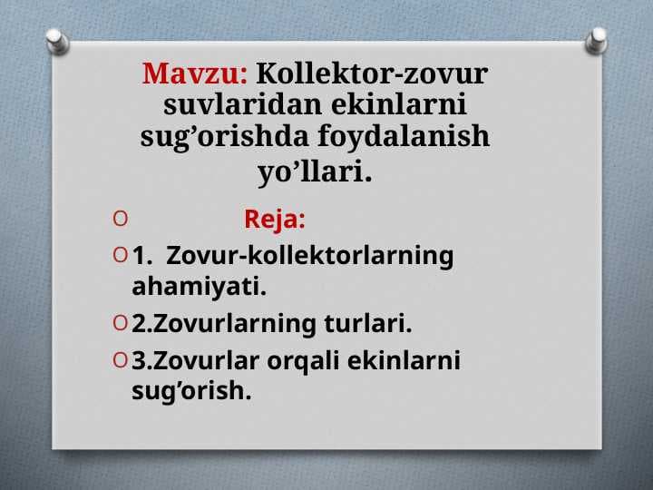 Kollektor-zovur suvlaridan ekinlarni sug’orishda foydalanish yo’llari