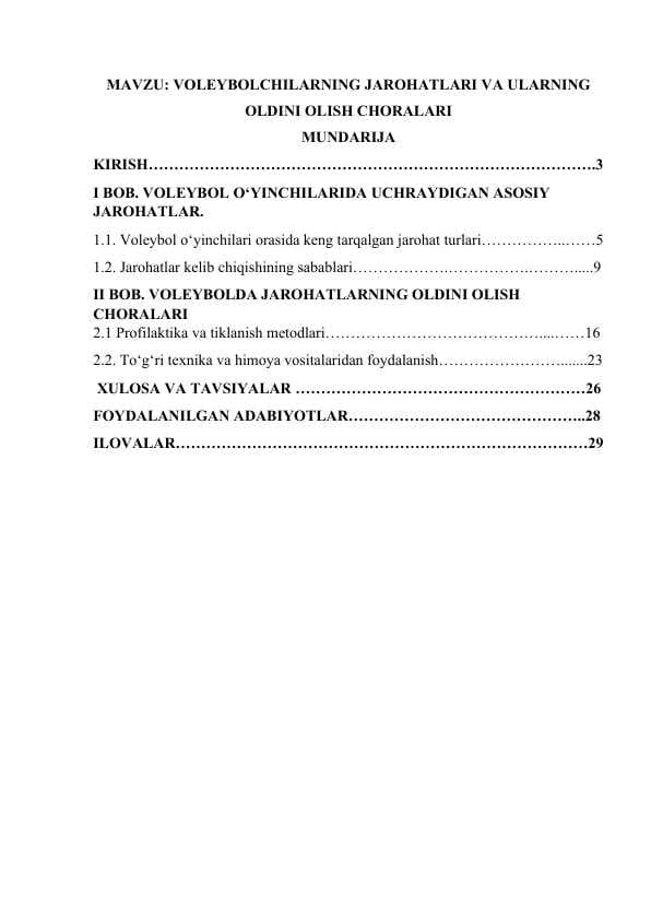 VOLEYBOLCHILARNING JAROHATLARI VA ULARNING OLDINI OLISH CHORALARI