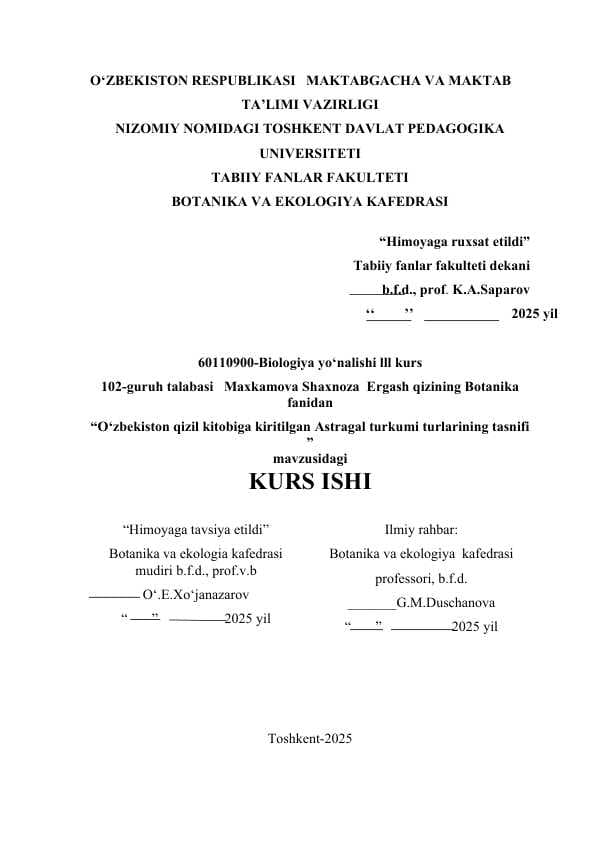 O‘zbekiston qizil kitobiga kiritilgan Astragal turkumi turlarining tasnifi  kurs ishi