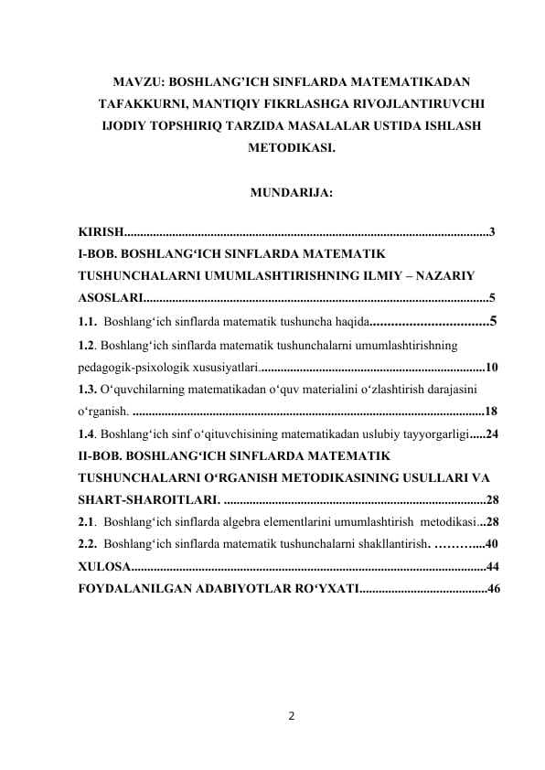 BOSHLANG’ICH SINFLARDA MATЕMATIKADAN TAFAKKURNI, MANTIQIY FIKRLASHGA RIVОJLANTIRUVCHI IJОDIY TОPSHIRIQ TARZIDA MASALALAR USTIDA ISHLASH MЕTОDIKASI..docx