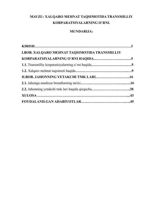XALQARO MEHNAT TAQSIMOTIDA TRANSMILLIY KORPARATSIYALARNING O`RNI..docx