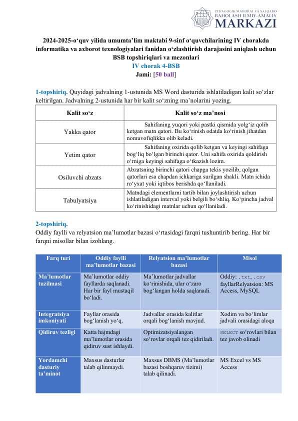 9-sinf informatika fanida 4-BSB javoblari