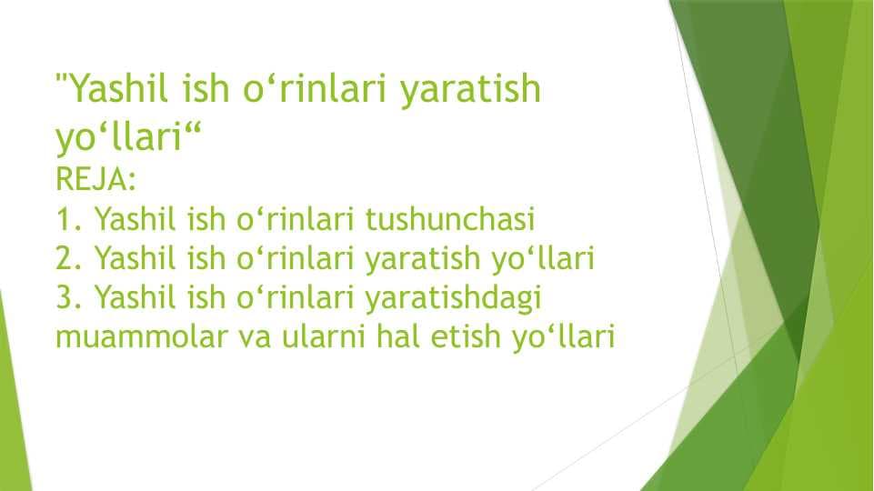 Yashil ish o‘rinlari yaratish yo‘llari