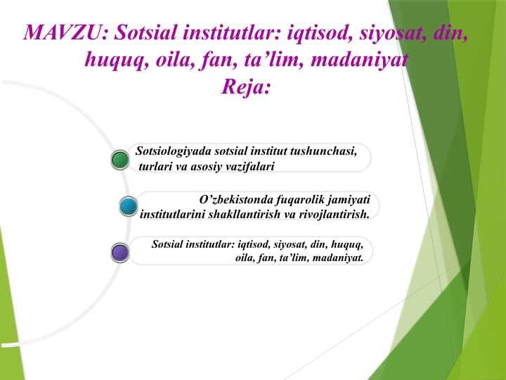 Sotsial institutlar iqtisod, siyosat, din, huquq, oila, fan, ta’lim, madaniyat
