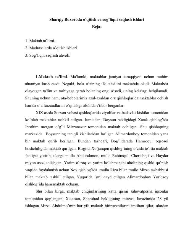 Sharqiy Buxoroda o’qitish va sog’liqni saqlash ishlari