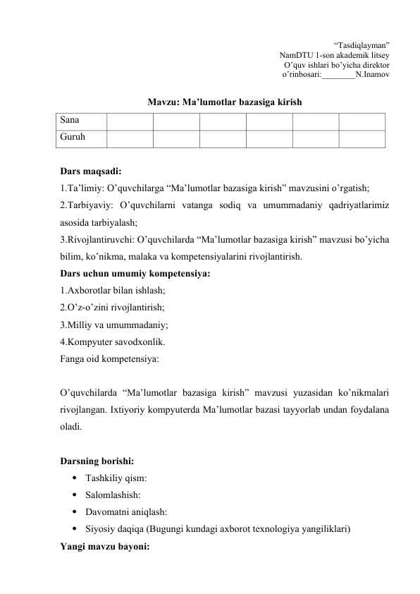 Ma’lumotlar bazasiga kirish mavzusida Dars ishlanma