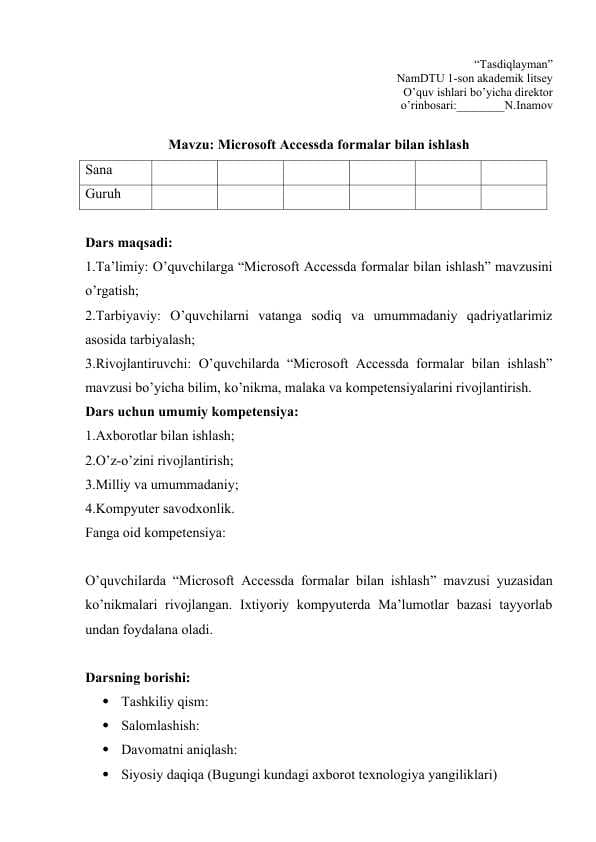 Microsoft Accessda formalar bilan ishlash mavzusida Dars ishlanma