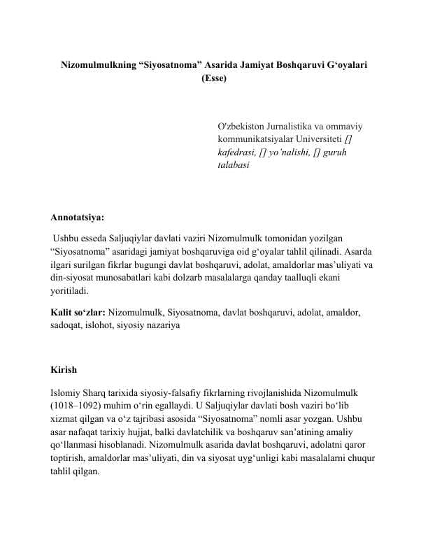 Nizomulmulkning “Siyosatnoma” Asarida Jamiyat Boshqaruvi G‘oyalari (Esse)