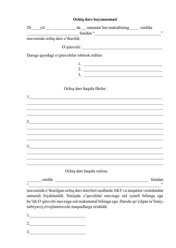 Ochiq dars bayonnomasi namunasi