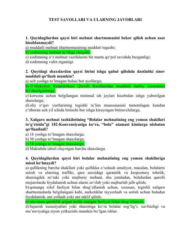 TEST SAVOLLARI VA ULARNING JAVOBLARI