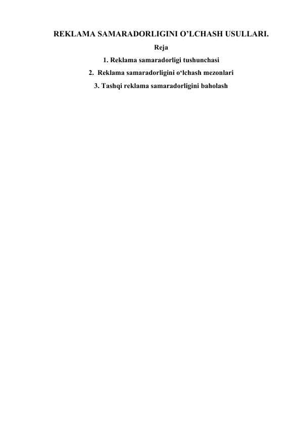REKLAMA SAMARADORLIGINI O’LCHASH USULLARI.