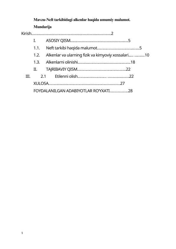 Neft tarkibidagi alkenlar haqida umumiy malumot.